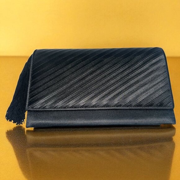 VTG La Regale Evening Bag Black Satin Flap Tassel Handbag Formal Cocktail Clutch - Picture 1 of 8
